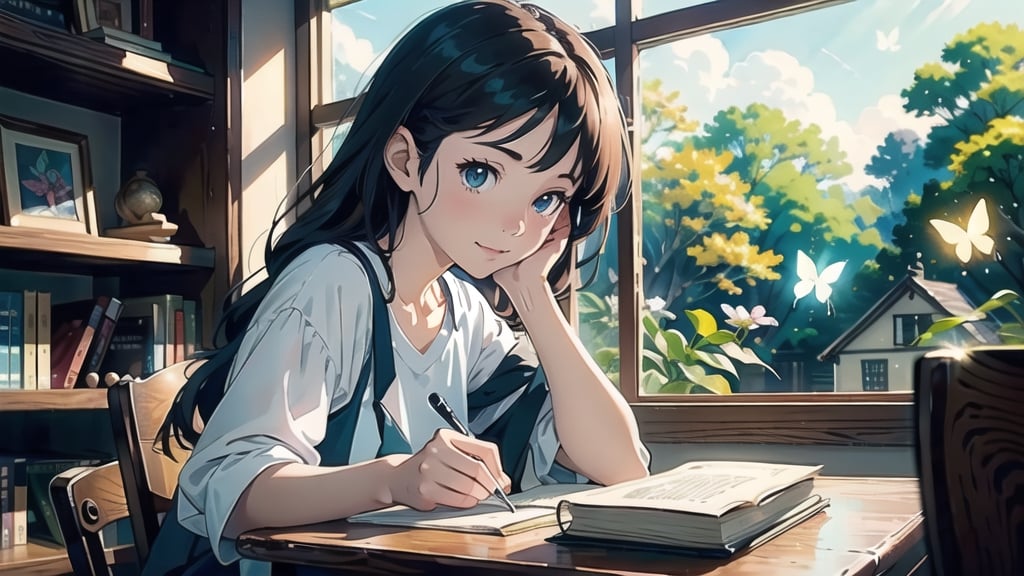 masterpiece, best quality, nice hands, perfect hands, 1girl, ghibli studio style,ghibli style.

butterflies, books, bookshelves, study table.

spring, positive things related to spring. ,highres