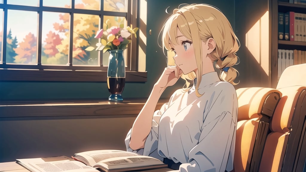 masterpiece, best quality, nice hands, perfect hands, 1girl, in_profile, pale, white skin, flat_chested, cozy, fall, autumn, coffee, falling leaves, window, sheer curtain, study table, evening, ghibli studio style,ghibli style, cinematic light, cinematic view, High detailed,Lofi, a soft smile,LinkGirl,kwon-nara

image, depict her in a unique pose that conveys her sense of adventure and enthusiasm. Create separate images for each pose, and make sure each one is set against a backdrop filled with the cosmic wonders of the universe, enhancing the vibrant atmosphere for each pose. These images should showcase the character's versatility and charm.

The girl is sitting comfortably with a book that opens horizontally.
Her large, expressive eyes reflect the words on the pages, and a soft smile plays on her lips as she gets lost in the world of the story. Her dress is neat and beautiful. The gold and silver-colored decorations are impressive.

The room around her is adorned with warm, orange light color, and the soft afternoon light gently spills onto the pages. She's surrounded by bookshelves filled with stories, creating an enchanting atmosphere perfect for a peaceful reading session. Golden lights or butterflies make space more beautiful.

As she turns the pages, the girl's curiosity and wonder come to life. The world of literature and the adventures within its pages are her cherished companions, making her reading moments truly magical.