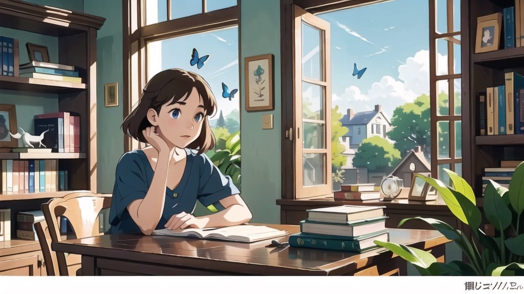 masterpiece, best quality, nice hands, perfect hands, 1girl, ghibli studio style,ghibli style.

butterflies, books, bookshelves, study table.

spring, positive things related to spring. 