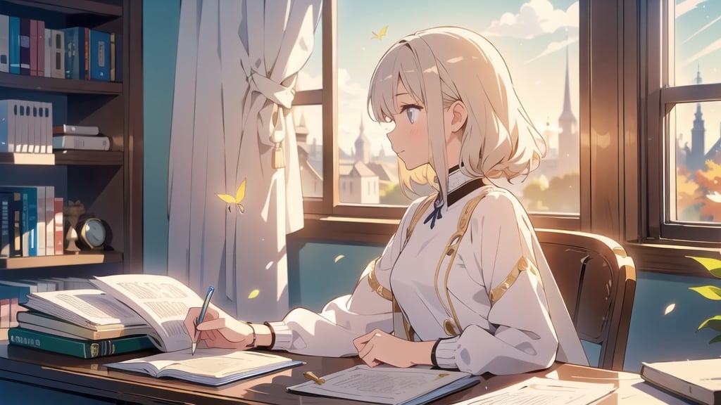 masterpiece, best quality, nice hands, perfect hands, 1girl, in_profile, pale, white skin, flat_chested, cozy, fall, autumn, coffee, falling leaves, window, sheer curtain, study table, evening, ghibli studio style,ghibli style, cinematic light, cinematic view, High detailed,Lofi, a soft smile,LinkGirl,kwon-nara

image, depict her in a unique pose that conveys her sense of adventure and enthusiasm. Create separate images for each pose, and make sure each one is set against a backdrop filled with the cosmic wonders of the universe, enhancing the vibrant atmosphere for each pose. These images should showcase the character's versatility and charm.

In the room surrounding her, the light of a warm, soft afternoon gushes gently over the page. She's surrounded by bookshelves filled with stories, creating an enchanting atmosphere perfect for a peaceful reading session. Inside the room, large and small golden lights glow subtly and golden butterflies fly beautifully.

The girl is sitting comfortably with a book that opens horizontally.
Her large, expressive eyes reflect the words on the pages, and a soft smile plays on her lips as she gets lost in the world of the story. She is wearing neat and modern but beautiful clothes.
 The gold and silver-colored decorations are impressive.

As she turns the pages, the girl's curiosity and wonder come to life. The world of literature and the adventures within its pages are her cherished companions, making her reading moments truly magical.