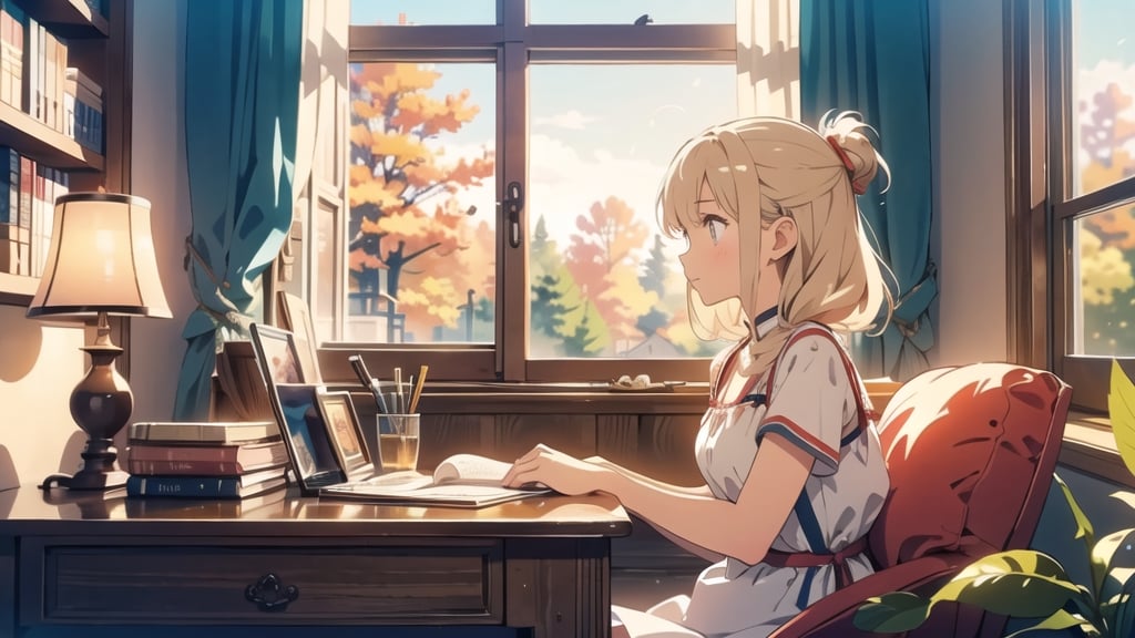 masterpiece, best quality, nice hands, perfect hands, 1girl, in_profile, pale, white skin, flat_chested, cozy, fall, autumn, coffee, falling leaves, window, sheer curtain, study table, evening, ghibli studio style,ghibli style, cinematic light, cinematic view, High detailed,Lofi, a soft smile,LinkGirl,kwon-nara

image, depict her in a unique pose that conveys her sense of adventure and enthusiasm. Create separate images for each pose, and make sure each one is set against a backdrop filled with the cosmic wonders of the universe, enhancing the vibrant atmosphere for each pose. These images should showcase the character's versatility and charm.

The girl is sitting comfortably with a book that opens horizontally.
Her large, expressive eyes reflect the words on the pages, and a soft smile plays on her lips as she gets lost in the world of the story. Her dress is neat and beautiful. The gold and silver-colored decorations are impressive.

The room around her is adorned with warm, orange light color, and the soft afternoon light gently spills onto the pages. She's surrounded by bookshelves filled with stories, creating an enchanting atmosphere perfect for a peaceful reading session. Golden lights or butterflies make space more beautiful.

As she turns the pages, the girl's curiosity and wonder come to life. The world of literature and the adventures within its pages are her cherished companions, making her reading moments truly magical.