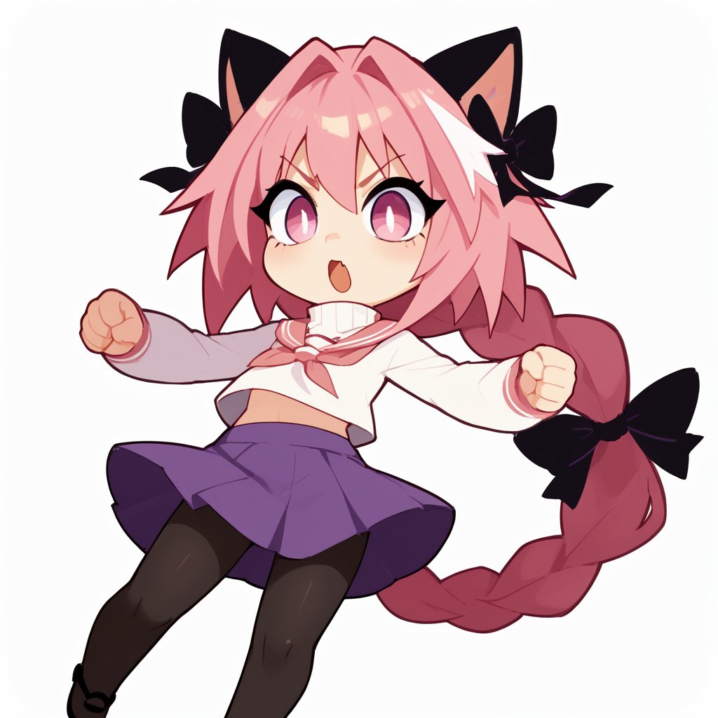 score_9, score_8_up, score_7_up, score_6_up, score_5_up, score_4_up, (((blank_background, white_background))), 1girl, solo, necoarc, lit pupils, cat ears, (pink hair, pink_eyes), chibi, :3, turtleneck, fight_pose, astolfo_costume, purple skirt, pantyhose,NECOARC PINK HAIR,NECOARC BLONDE HAIR