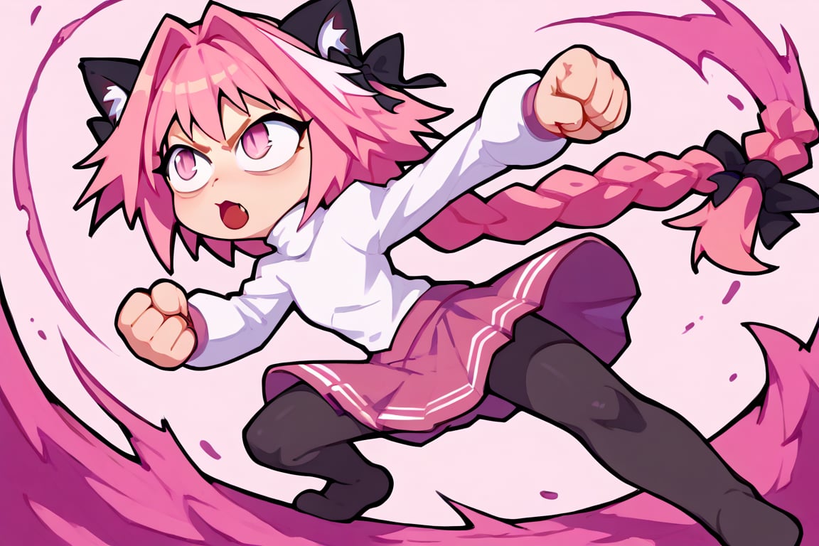 score_9, score_8_up, score_7_up, score_6_up, score_5_up, score_4_up, BREAK, 1girl, solo, necoarc, lit pupils, cat ears, (((pink hair, pink_eyes))), chibi, :3, turtleneck, fight_pose, astolfo_costume, purple skirt, pantyhose,NECOARC PINK HAIR,NECOARC BLONDE HAIR