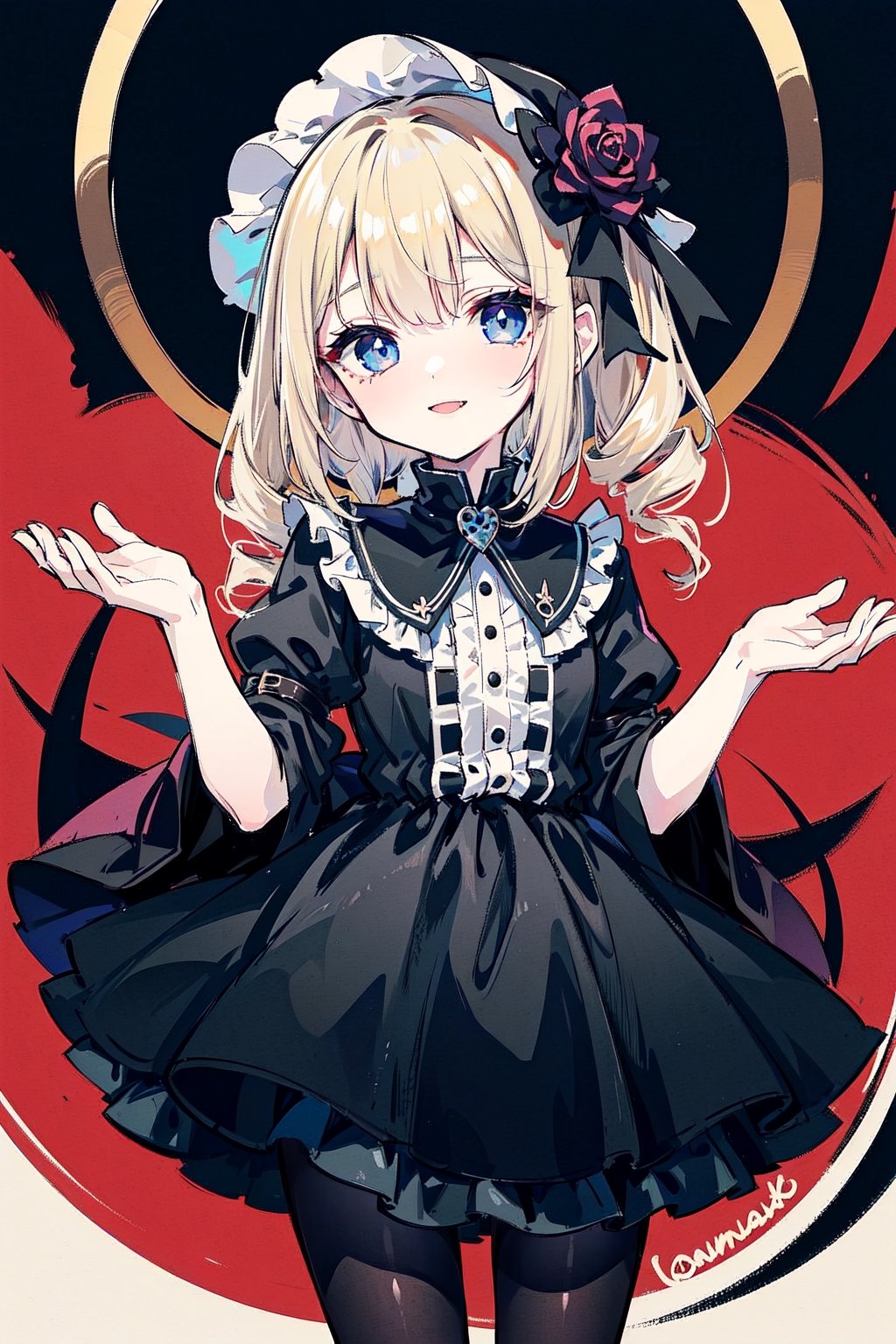 1girl, solo, gothic lolita, (loli:1.3), goth, black bonnet, bonnet, inhumanely pale skin, bags_under_eyes, blonde hair, drill hair, medium hair, looking at viewer, blue eyes, seductive smile, ruffles, frills, cowboy shot, darkness, dark theme, black dress, pantyhose