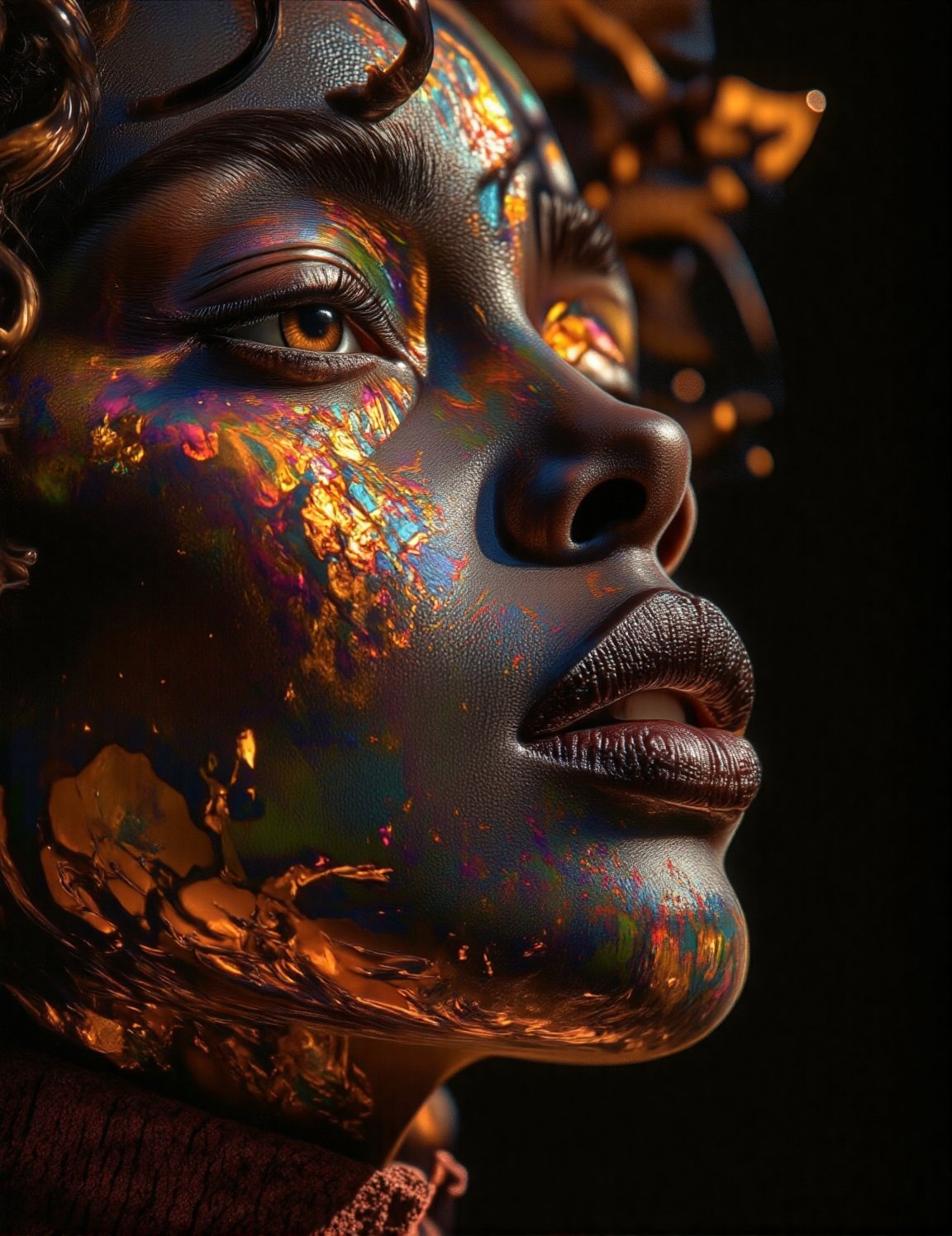 Dark fractal African woman of Mandala,  personification of Mandelbrot's multitude,  she is ((made of copper and acrylic))...