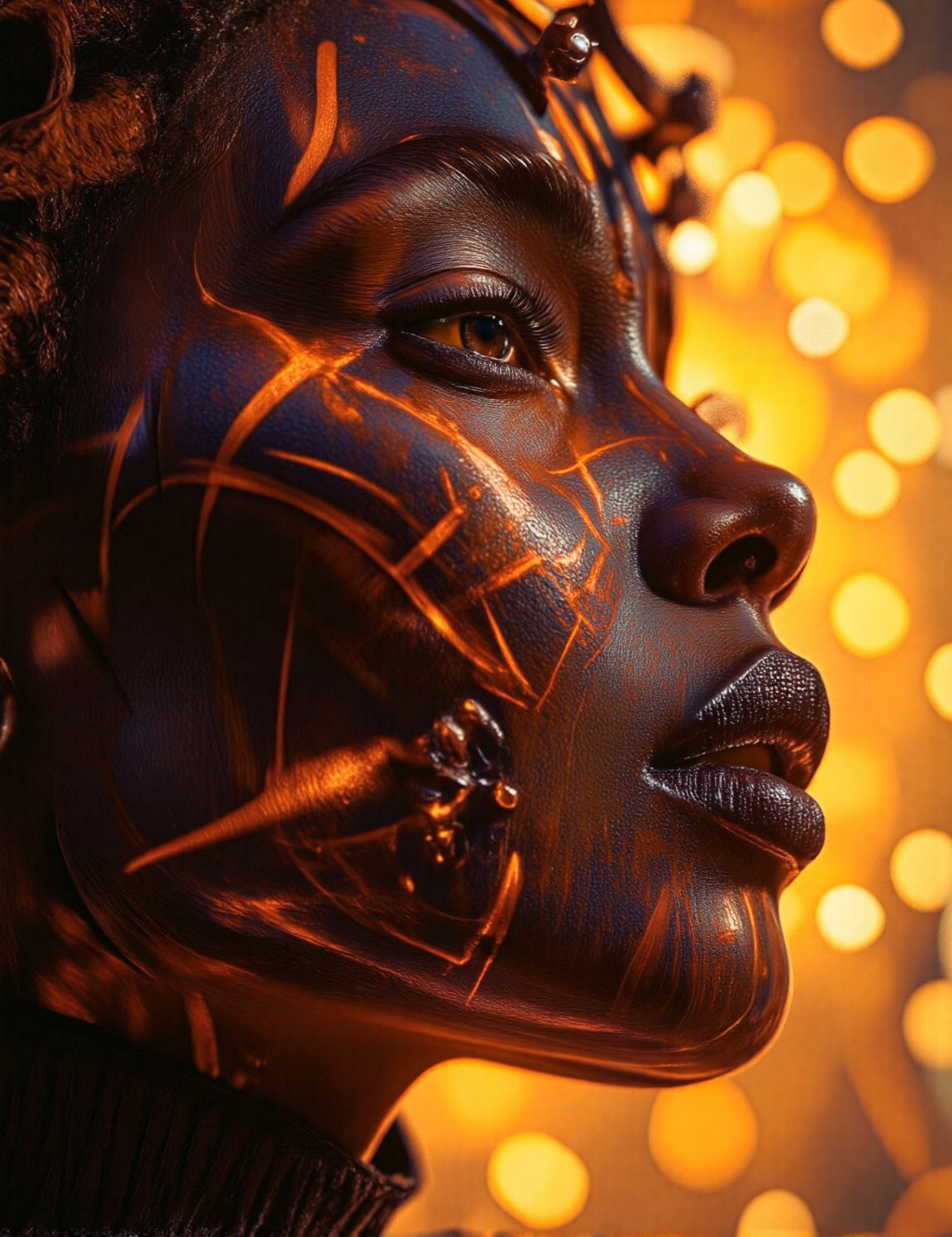 A majestic African woman embodies the intricate beauty of a Mandelbrot fractal. Set against a warm,  iridescent Mandala ba...