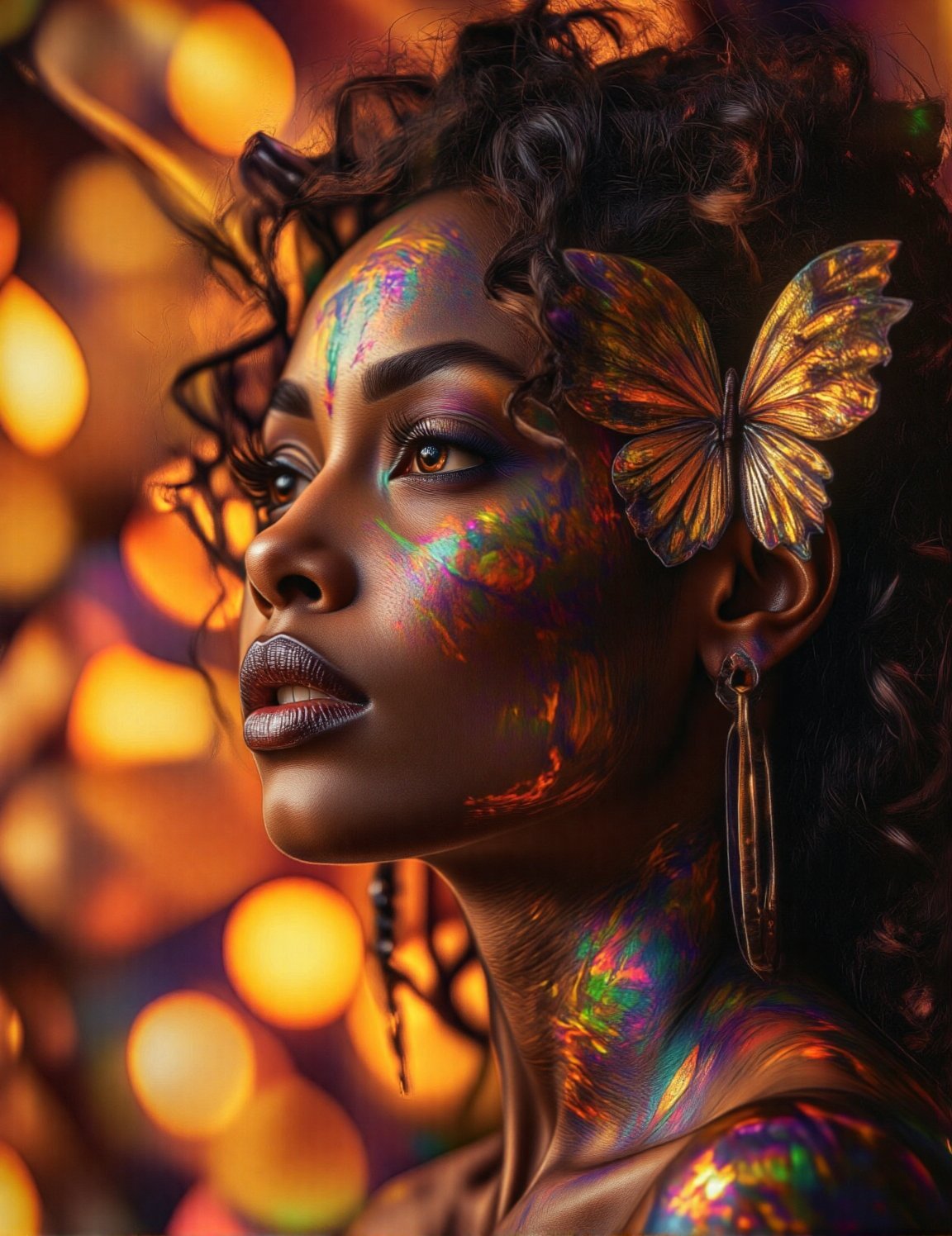 A majestic African woman embodies the intricate beauty of a Mandelbrot fractal. Set against a warm,  iridescent Mandala ba...