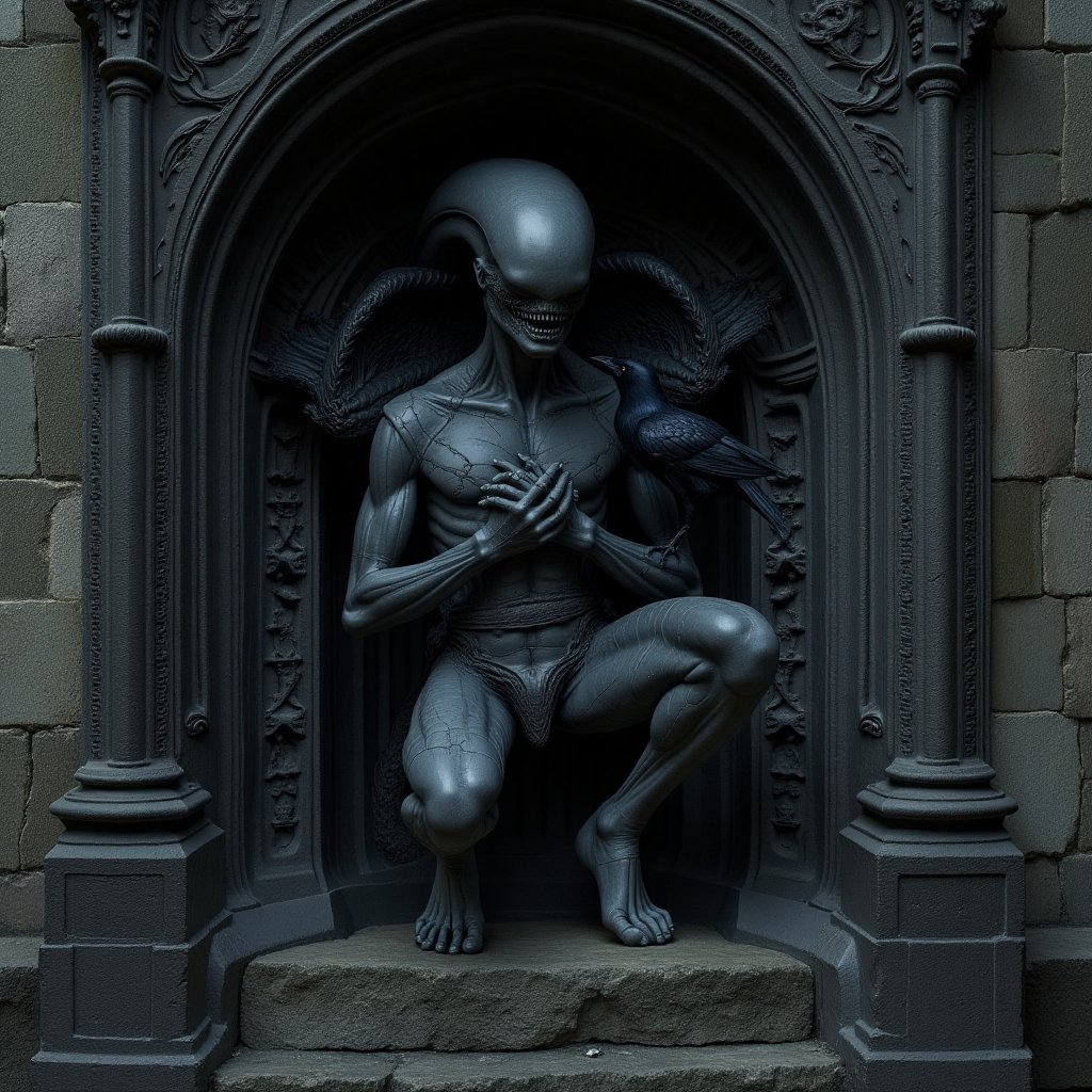 This surreal highly detailed HANS RUDOLF GIGER style cinematic portrait high resolution photograph captures a surrealistic...