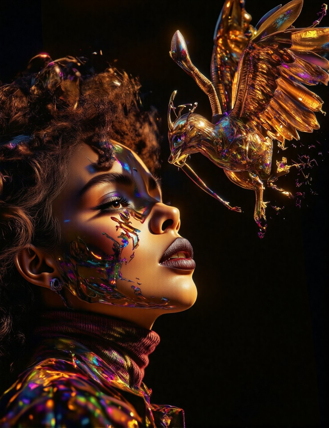 Dark fractal African woman of Mandala,  personification of Mandelbrot's multitude,  she is ((made of copper and acrylic))...