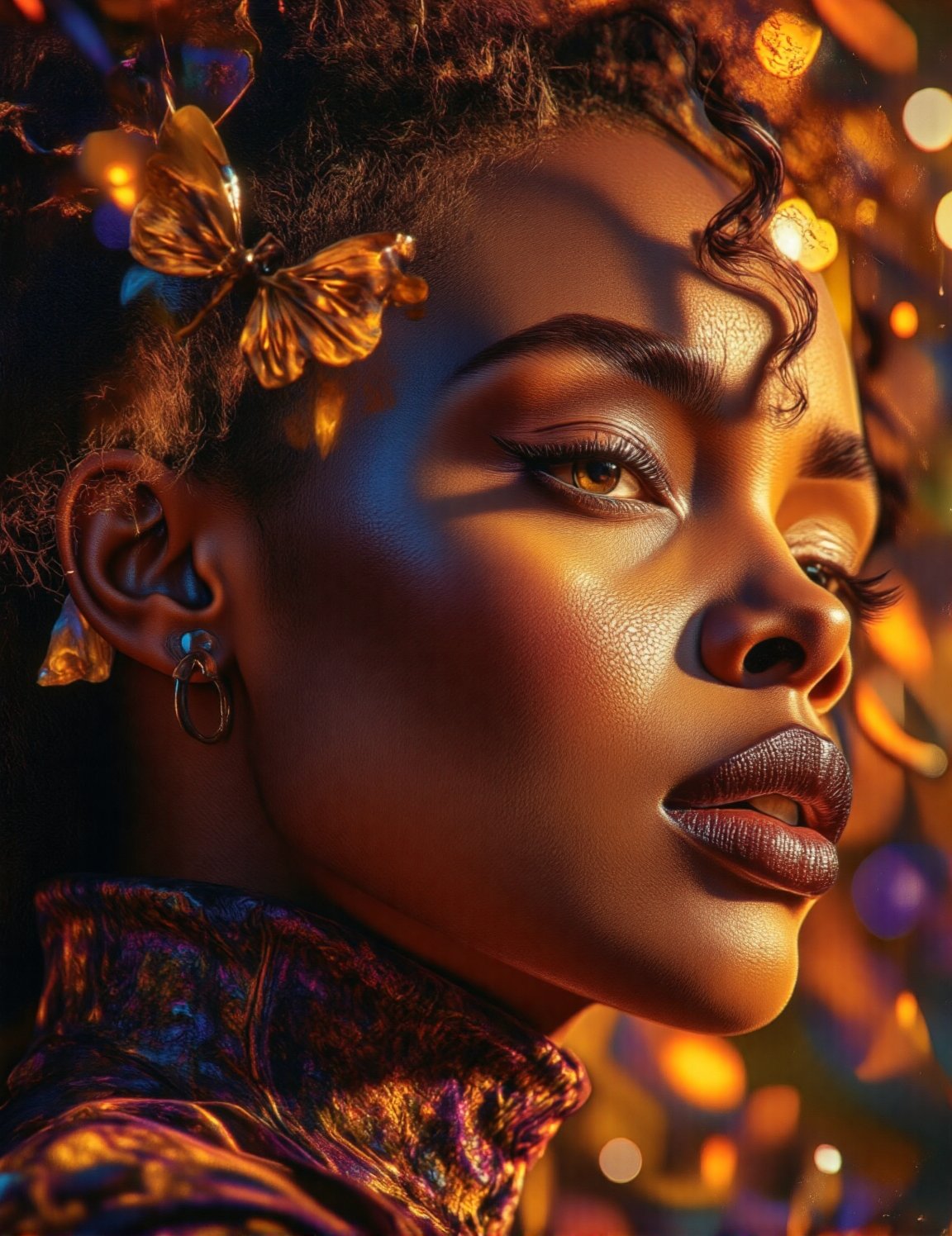 A majestic African woman embodies the intricate beauty of a Mandelbrot fractal. Set against a warm,  iridescent Mandala ba...