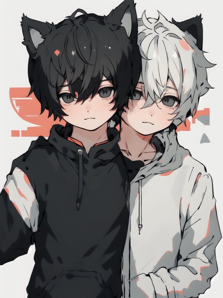 dark,black,(black eyes),(Plain_color),edgGesugao,(((male))),(((short-hair))),(((2boy))),(((black_White_hair))),simple,(((hoodie))),(((boys_love))),(((2 people))),(((yandere))),(((couple))),(((duo))),(((look into the eyes))),(((Shota))),(((cat_ear))),(((upper body))),(((cute)))