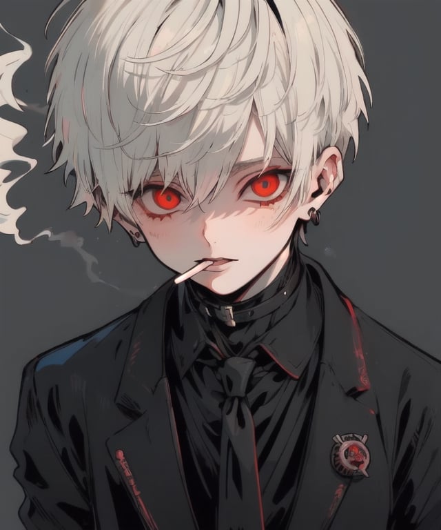 (one_male),dark,black,put hand in pocket,red_eyes,(solo),(((black_suit))),(Plain_color),(((madness))),edgGesugao,(((male))),(necktie),(((sadist))),(((short-hair))),(((boy))),(((White_hair))),simple,(((cigarette)))