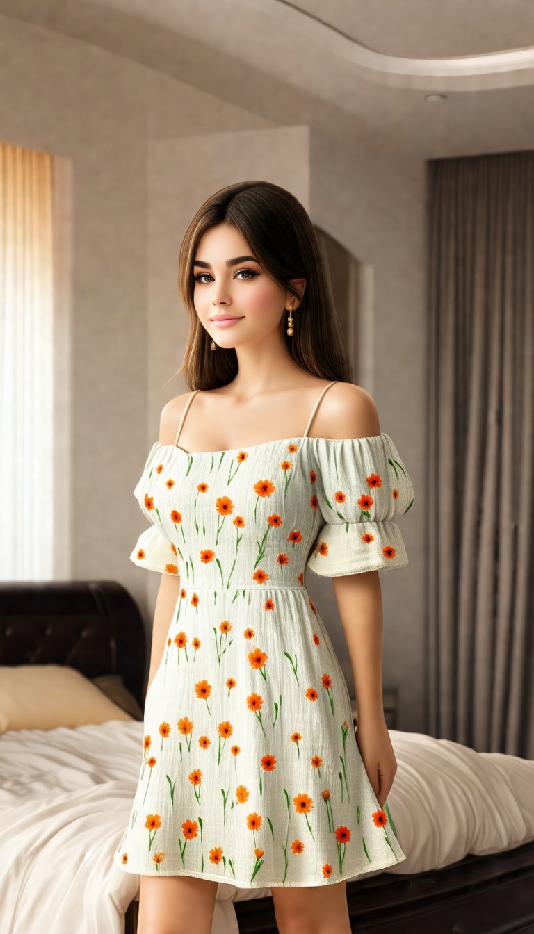 masterpiece, realistic, photo-realistic, amazing, finely detail, incredibly absurdres, huge filesize, ultra-detailed, highres, extremely detailed 8k wallpaper, ray tracing, close-up, upper body, A cute woman wearing a short slevees oversize dress made of fabric textured material with flower patern, standing in a cozy bedroom