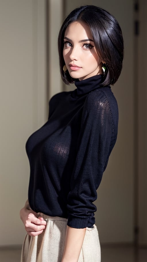 1girl, beautiful face, earrings, (portrait photoshot), wearing (orange turtleneck sweater:1.2) up to her chin, short dark hair, (simple plain background),pimple