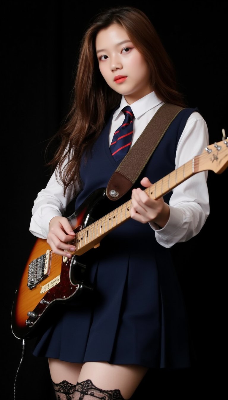 realistic, high res image, masterpiece, best quality, girl, cute, fair skin, brown shiny long hair, ultra detailed eyes, thick lips, dark background, school uniform, white long sleves shirt, navy skirt, black lace leg wear, black lace thighhigh, holding guitar