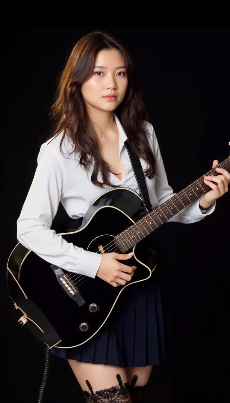 realistic, high res image, masterpiece, best quality, girl, cute, fair skin, brown shiny long hair, ultra detailed eyes, thick lips, dark background, school uniform, white long sleves shirt, navy skirt, black lace leg wear, black lace thighhigh, holding guitar