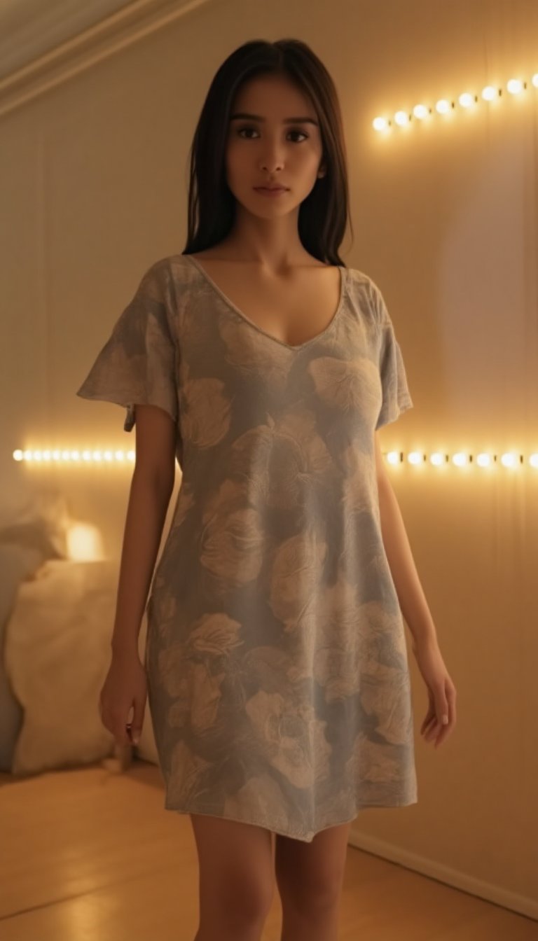 A stunning, photo-realistic masterpiece captures the breathtaking beauty of a delicate, feminine figure. In an 8K composition, a cute woman stands tall, clad in an oversized, floral-patterned dress made from textured fabric that appears almost lifelike. Her upper body is prominently featured in a close-up shot, with her face and shoulders softly illuminated by cinematic lighting. The cozy bedroom setting is rendered in exquisite detail, complete with subtle shadows and reflections. A strip of LED lights provides a warm glow, casting a perfect ambiance over the entire scene.,d4st3r