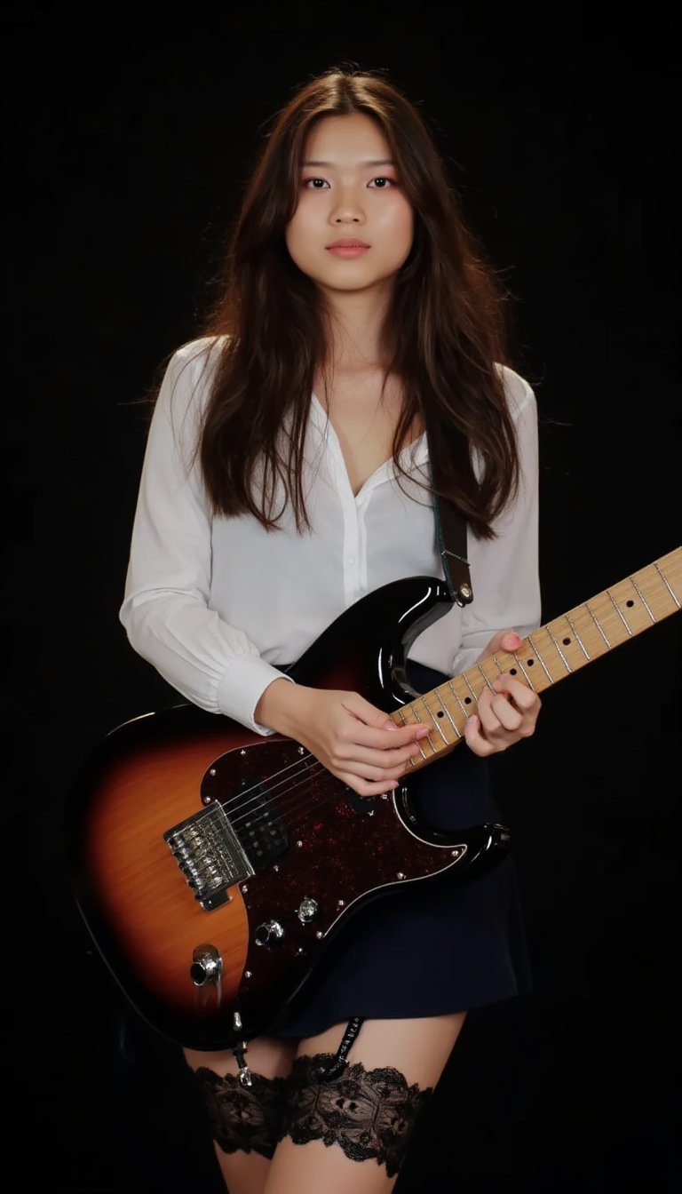 realistic, high res image, masterpiece, best quality, girl, cute, fair skin, brown shiny long hair, ultra detailed eyes, thick lips, dark background, school uniform, white long sleves shirt, navy skirt, black lace leg wear, black lace thighhigh, holding guitar