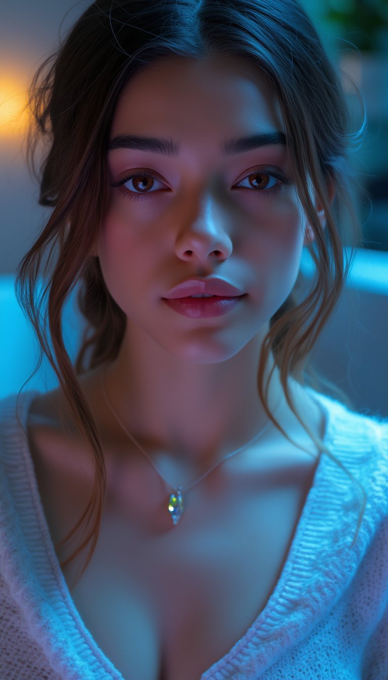 A masterpiece of digital art, rendered in stunning 4K resolution, features a breathtakingly beautiful girl posing serenely. Her face glows with a subtle sheen, her eyes sparkling like polished gemstones. She wears a fitted sweater that hugs her curves, the intricate folds and texture meticulously detailed. A delicate necklace adorns her neck, its facets catching the dramatic lighting, which casts a warm glow on her porcelain skin. The background is a soft, gradient blue, subtly blending into the edges of the frame. Every aspect of this artwork exudes ultra-detailed realism, with vibrant colors that seem to leap off the screen.