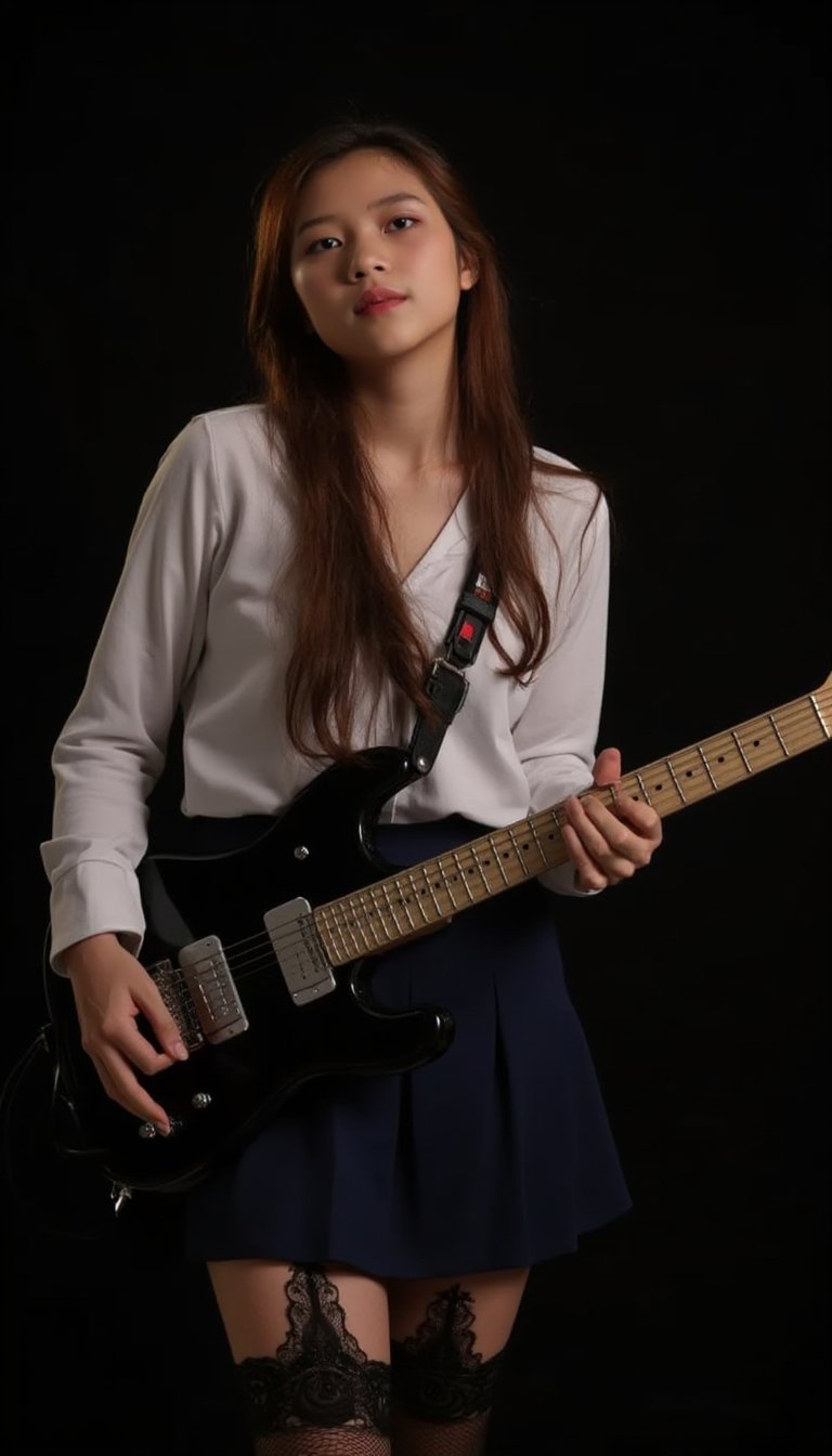 realistic, high res image, masterpiece, best quality, girl, cute, fair skin, brown shiny long hair, ultra detailed eyes, thick lips, dark background, school uniform, white long sleves shirt, navy skirt, black lace leg wear, black lace thighhigh, holding guitar