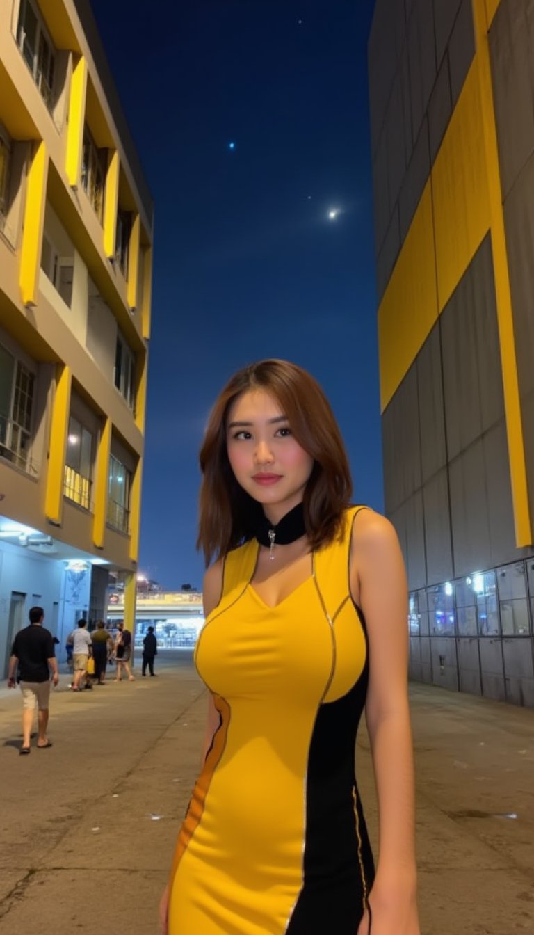 A young woman with long dark brown hair stands confidently, wearing a vibrant yellow and black sleeveless dress with a sleek black collar. The silver zipper on her dress adds a touch of sophistication to the otherwise moody atmosphere. Against the backdrop of two contrasting buildings - one featuring gray and yellow panels, the other gray only - she poses with poise. In the distance, pedestrians move leftward across the frame, while the dark sky is punctuated by a few twinkling white stars.