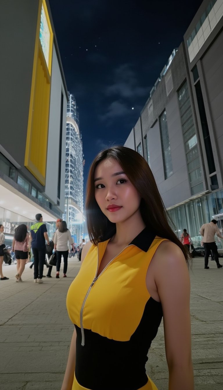 A young woman with long dark brown hair stands confidently, wearing a vibrant yellow and black sleeveless dress with a sleek black collar. The silver zipper on her dress adds a touch of sophistication to the otherwise moody atmosphere. Against the backdrop of two contrasting buildings - one featuring gray and yellow panels, the other gray only - she poses with poise. In the distance, pedestrians move leftward across the frame, while the dark sky is punctuated by a few twinkling white stars.