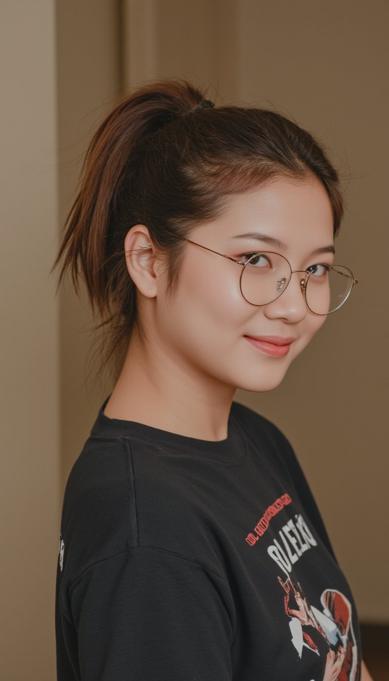 (masterpiece:1.3, realistic:1.3), best quality, ultra detailed, intricate, professional photography, (8k UHD), RAW photo, dslr, 1girl, ponytail, looking at viewer, smile, brown hair, black hair, brown eyes, short sleeves t-shirt, cowboy shot, casual, dynamic pose, lips, glasses