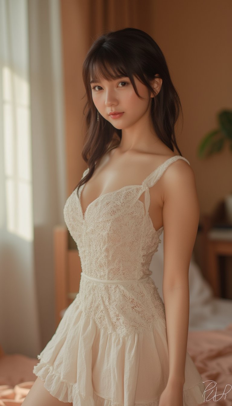 best quality, masterpiece, realistic, photo-realistic, amazing, finely detail, incredibly absurdres, huge filesize, ultra-detailed, highres, extremely detailed 8k wallpaper, ray tracing, close-up, upper body, A cute woman wearing a ginger white dress made of rough textured material, standing in a cozy bedroom