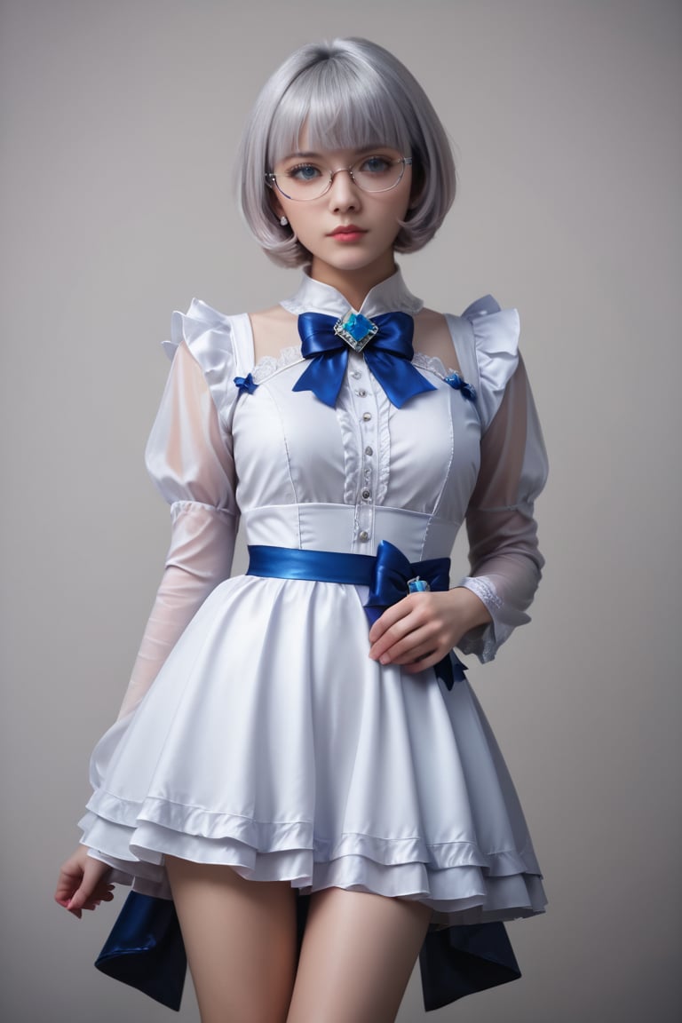 (score_9,score_8_superior,score_7_superior), (Ultra Realistic),(Best Quality, Masterpiece:1.2),Solo, Photorealistic,,(detailed eyes, short hair, wearing glasses,), (silver White dress), Stocking,crushed velvet, skirt, bow, ribbon, jewel, Sheer long sleeves,Frills,Thigh,detalied_background, fantasy art 