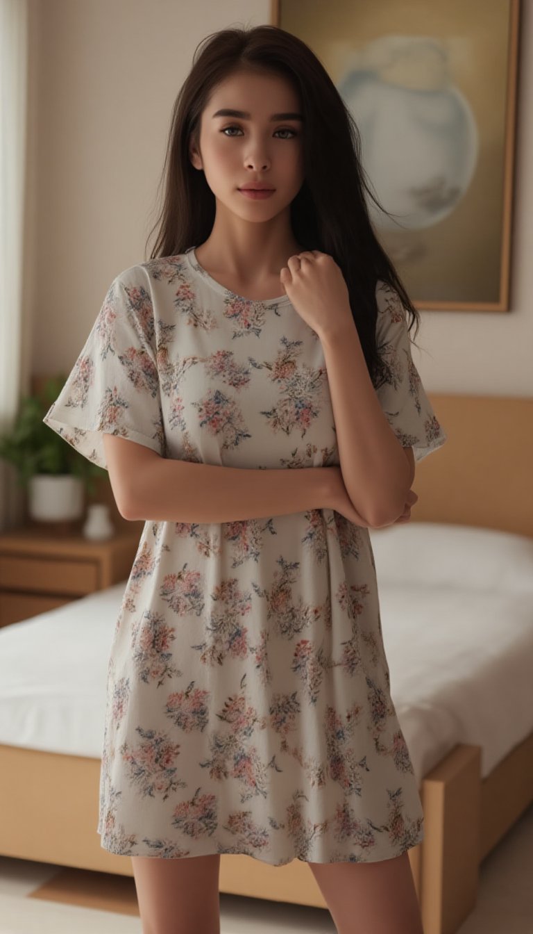 best quality, masterpiece, realistic, photo-realistic, amazing, finely detail, incredibly absurdres, huge filesize, ultra-detailed, highres, extremely detailed 8k wallpaper, ray tracing, close-up, upper body, A cute woman wearing a short slevees oversize dress made of fabric textured material with flower patern, standing in a cozy bedroom,d4st3r