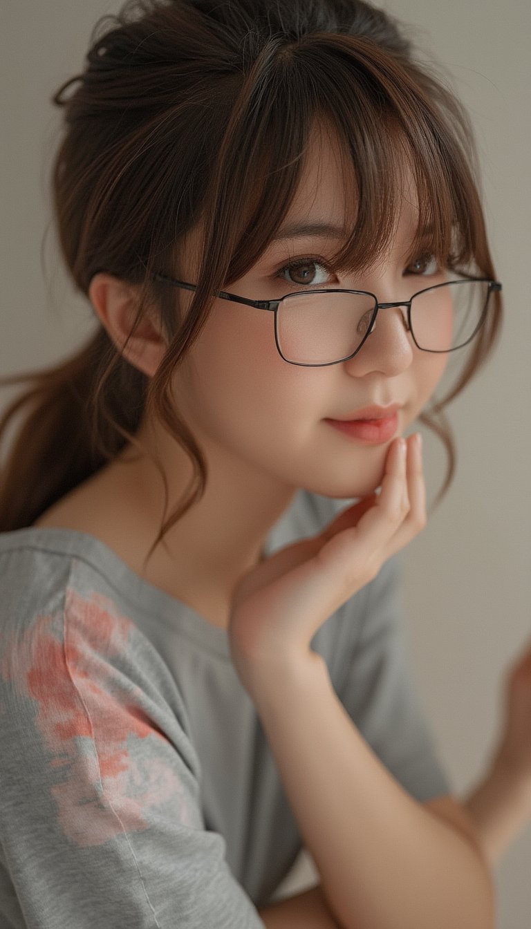 (masterpiece:1.3, realistic:1.3), best quality, ultra detailed, intricate, professional photography, (8k UHD), RAW photo, dslr, 1girl, ponytail, looking at viewer, smile, brown hair, black hair, brown eyes, short sleeves t-shirt, cowboy shot, casual, dynamic pose, lips, glasses