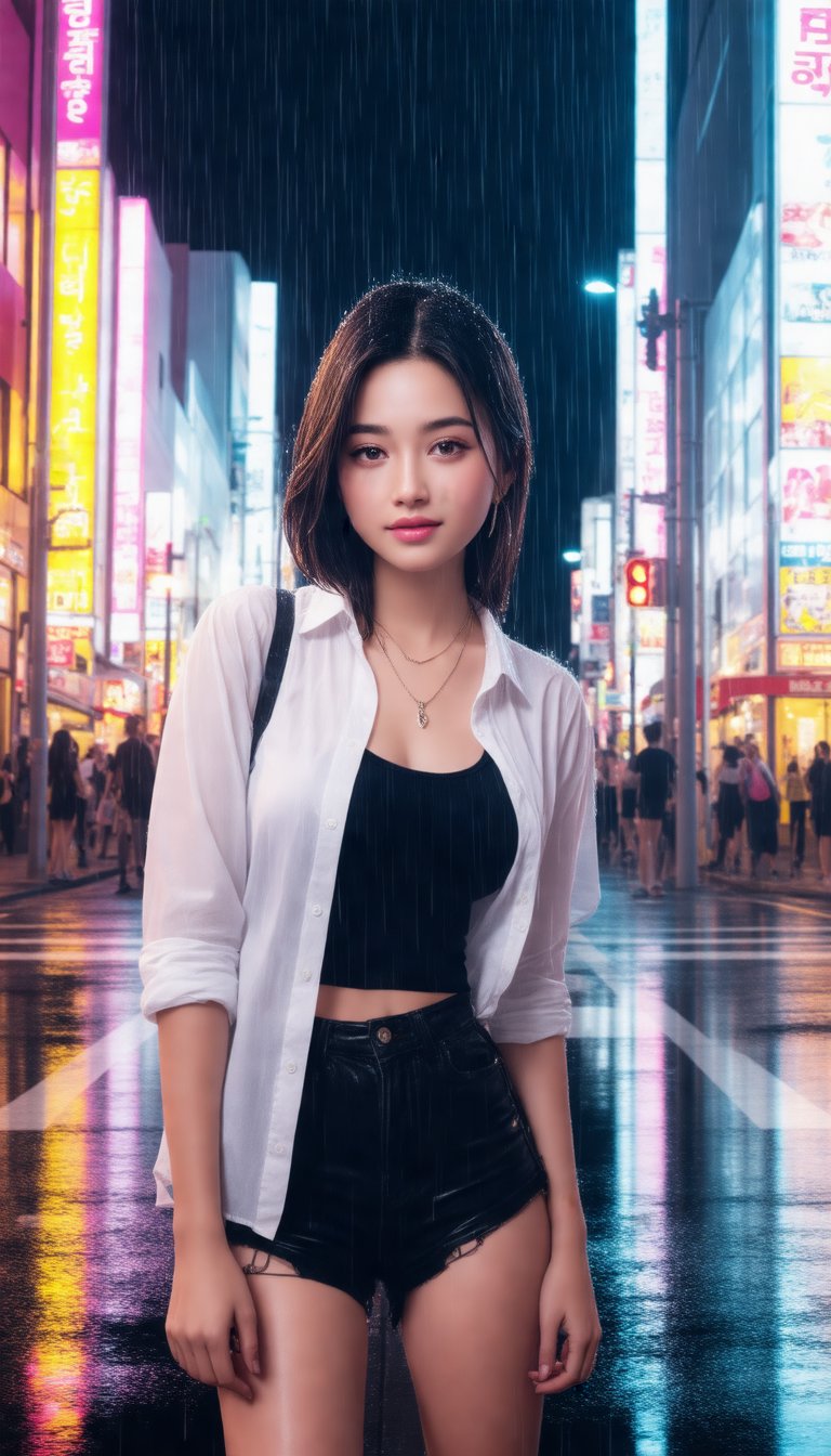 Here's a photorealistic prompt based on your description:

A stunning young Korean woman stands confidently at the intersection of neon-lit Tokyo streets, camera gaze fixed on her full-body frame. Her pale white skin and pink lips glow under the urban lights' warm tones, as she wears a crisp white shirt, black t-shirt, and shorts that create a striking contrast with the rain-soaked pavement glistening in the background. The necklace draws attention to her ample bust, framing the bold décolletage against the city's vibrant backdrop.