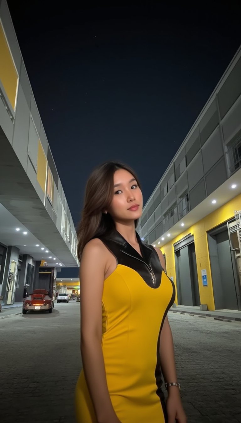 A woman with long dark brown hair stands confidently, wearing a vibrant yellow and black sleeveless dress with a sleek black collar. The silver zipper on her dress adds a touch of sophistication to the otherwise moody atmosphere. Against the backdrop of two contrasting buildings - one featuring gray and yellow panels, the other gray only - she poses with poise. In the distance, pedestrians move leftward across the frame, while the dark sky is punctuated by a few twinkling white stars.