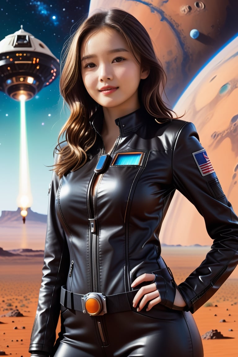 tiny_girl, 1girl,petite, skinny, Portrait Of beautiful brown haired girl wearing black leather suit with perky breasts surrounded by spacecraft on the mars, art by Mike Mayhew and Mark brooks and Ross Tran 8K Resolution,Extremely Realistic, sm,t4ni4