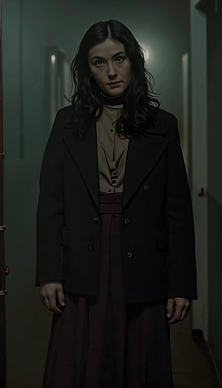 esther orphan scene: a young woman with short dark brown hair, beautiful young woman wearing fabric blazer, fabric skirt, creepy scary dark background, creepe scene, perfect lighting,esth3r