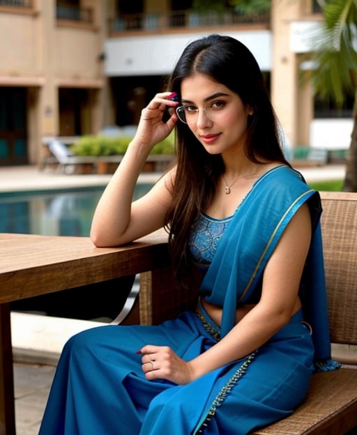  girl wearing blu saree,  1girl, solo_focus, a ultra real full body shot photo of 26 years old New Delhi Actress, with long brown hair and intricate details of her perfect face. Her dress ((a blue sexy saree and eye glasses)), perfect eyes, wearing ((high heels blue long heels)), her skin complexion is very fair, outdoors, buildings, sitting on chair in coffee shop table, , Indian, Woman, eyeglass real, look in camera