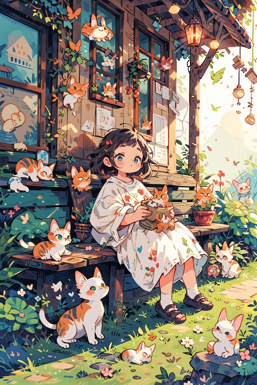 Whimsical watercolor world: Soft focus captures a carefree girl sitting on a vintage-inspired porch, surrounded by delightful chaos of donuts and curious cat. Curved lines of wooden planks frame the scene, while warm sunlight casts gentle glow. Delicate brushstrokes bring to life colorful confections, whimsical whiskers, and joyful atmosphere.