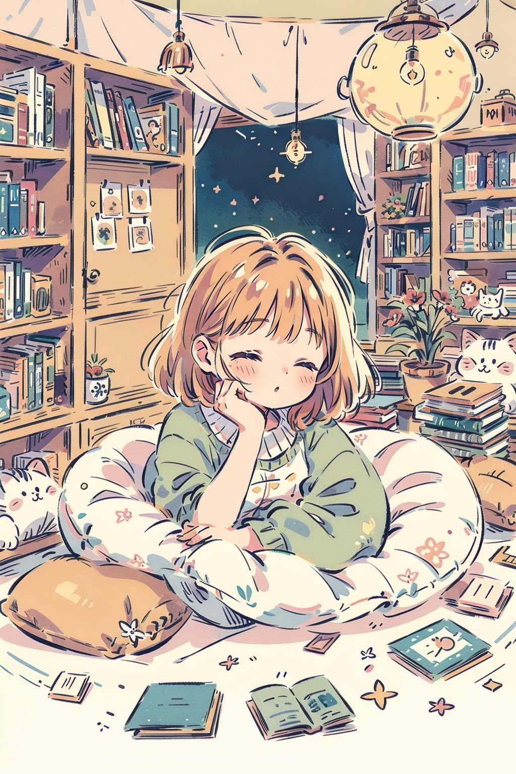 1 GIRL,Soft colors and whimsical style. The composition focuses on a cozy bedroom scene. The theme is of a girl reading a book in bed, surrounded by plush pillows and colorful patterned blankets. The room is filled with details - various plants, bookshelves filled with books, decorations and photographs. The background reveals a large window with curtains, allowing sunlight to flow in and illuminate the space. The presence of cats enhances the overall warm