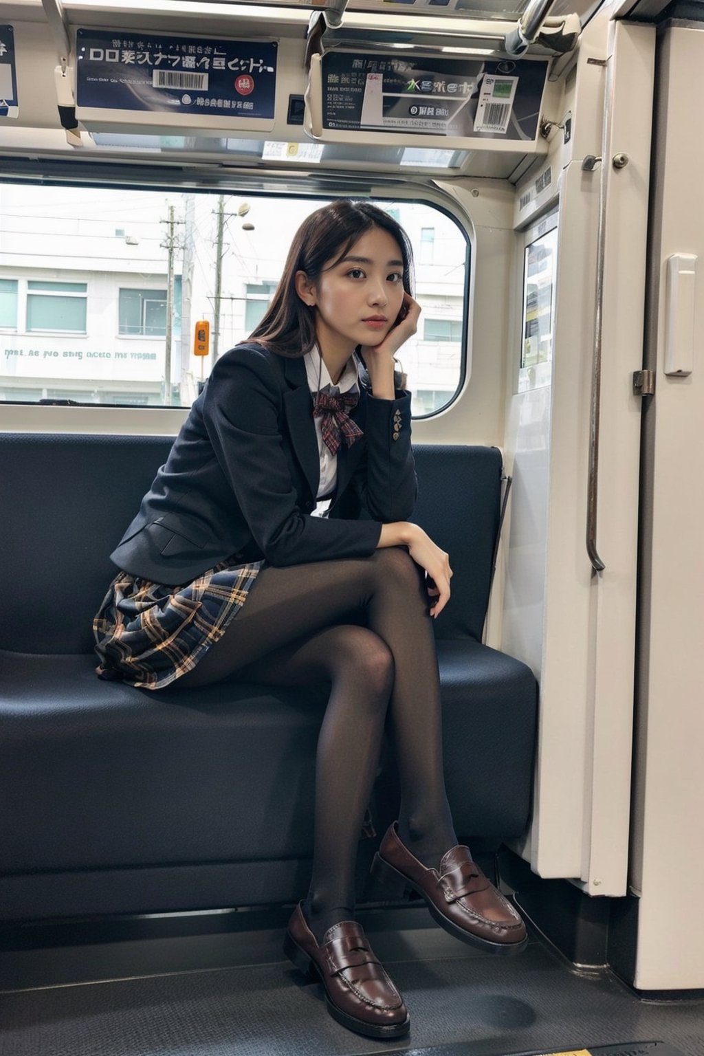 masterpiece, highest quality, 8K, RAW photo, Realism, Raw photo, Photography, Realism, photorealistic,
BREAK
1 Japanese girl, 16 years old, cute face, (haircut of uniform length), (one length), Beautiful shiny black hair, straight hair, Clear white skin, pale skin, 
BREAK
high school uniform, Checked scarf, navy blue blazer, navy blue skirt, ((brown loafers)), ((black pantyhose)), 
BREAK
((full body to the toes)), beautiful long legs, sitting on the train seat, Ennui expression, 
BREAK 
 E235, train interior, angle from side, profile, dimly lit, evening, dusk, magic hour, red sunset sky,e235,school uniform,komi_sch