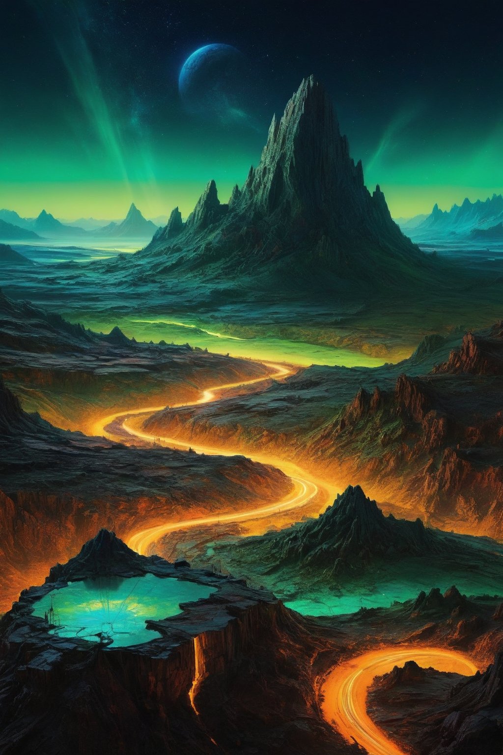 A stunningly mesmerizing illustration of an otherworldly planet's landscape, illuminated by vibrant neon lights, skillfully created by the talented artists Josias Severo and Anton Pieck, showcases an alien terrain of awe-inspiring beauty. The fluorescent hues cast an ethereal glow upon the surreal scenery, accentuating the exotic flora and extraterrestrial rock formations. Each brushstroke skillfully blends precise details with imaginative imagination, resulting in a vivid and breathtaking visual experience.