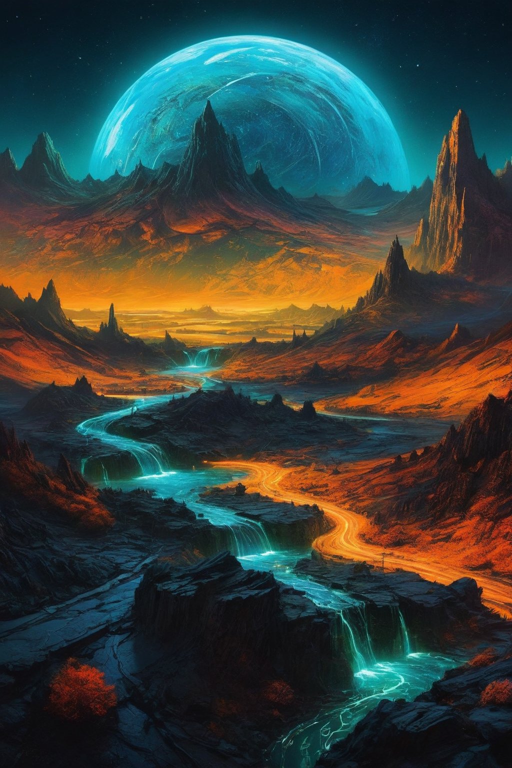 A stunningly mesmerizing illustration of an otherworldly planet's landscape, illuminated by vibrant neon lights, skillfully created by the talented artists Josias Severo and Anton Pieck, showcases an alien terrain of awe-inspiring beauty. The fluorescent hues cast an ethereal glow upon the surreal scenery, accentuating the exotic flora and extraterrestrial rock formations. Each brushstroke skillfully blends precise details with imaginative imagination, resulting in a vivid and breathtaking visual experience.