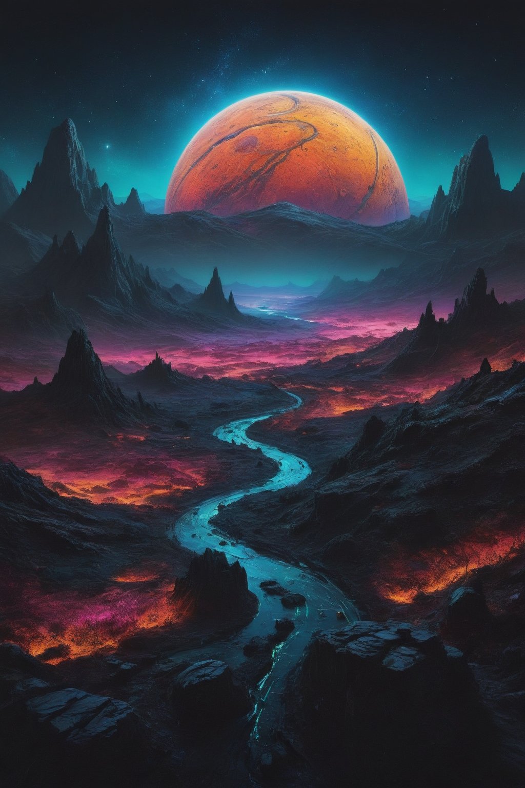 A stunningly mesmerizing illustration of an otherworldly planet's landscape, illuminated by vibrant neon lights, skillfully created by the talented artists Josias Severo and Anton Pieck, showcases an alien terrain of awe-inspiring beauty. The fluorescent hues cast an ethereal glow upon the surreal scenery, accentuating the exotic flora and extraterrestrial rock formations. Each brushstroke skillfully blends precise details with imaginative imagination, resulting in a vivid and breathtaking visual experience.