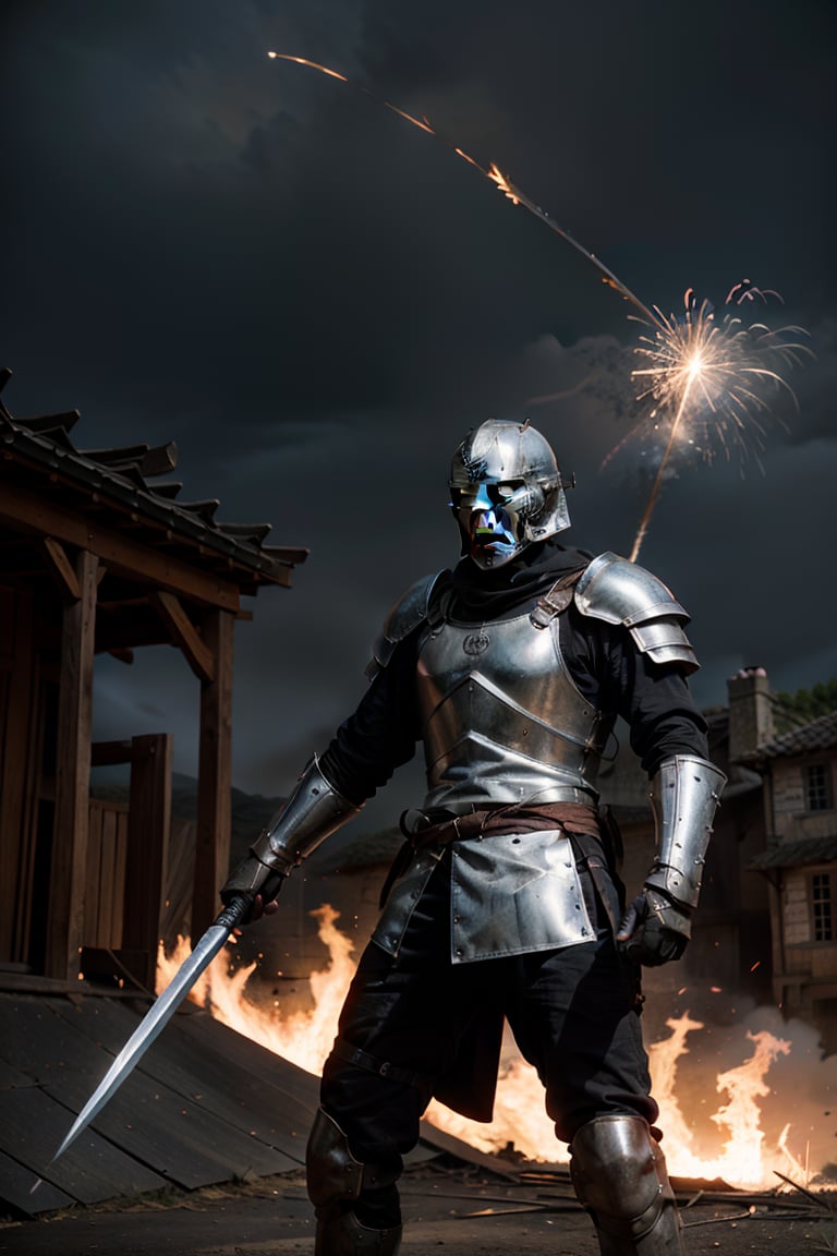 An anime dynamic action scene of a medieval knight with a scarred face,  dressed in tarnished silver armor,  wielding a br...