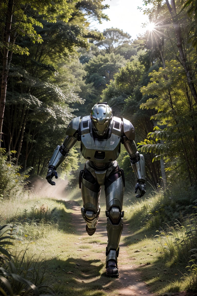 A photo of an explorer wearing jeans and suspenders,  running through the jungle with his robot companion in open grassy c...