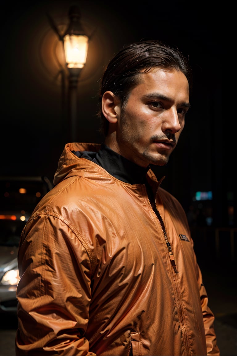 movie still,  close-up,  a man in a futuristic coat in an orange sand patch by user_683074167419067145 on Tensor.Art