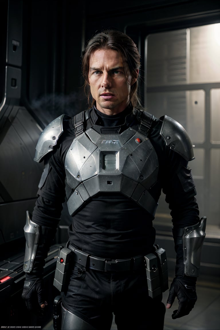 film still,  Tom Cruise in the film "Re SHamping of The edge of planet" is wearing black and grey futuristic armour shooti...