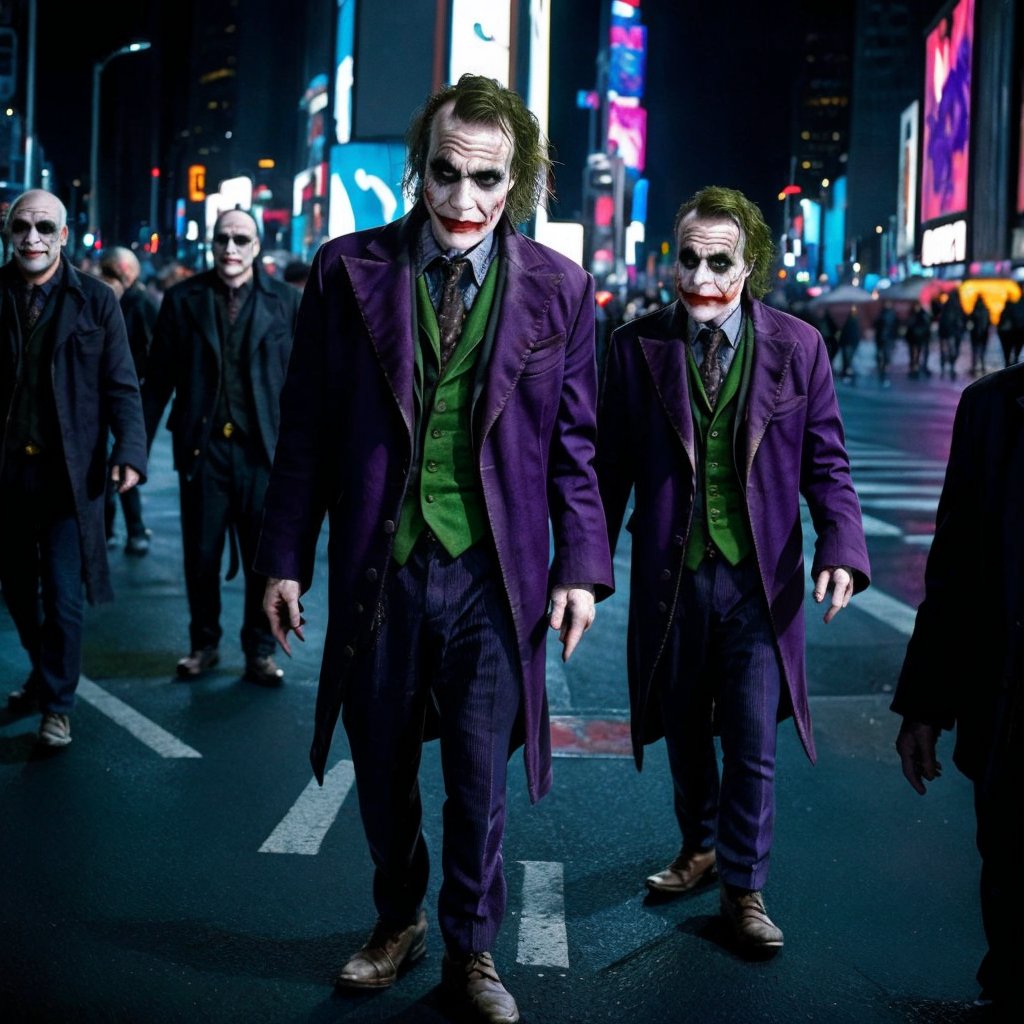 close up portrait The Joker from Batman in the middle of Times Square, staring right at the camera as unsuspecting pedestrians walk by, cyberpunk, insidious, scary, atmospheric, neon lights, rain, full-body, 14mm, noir