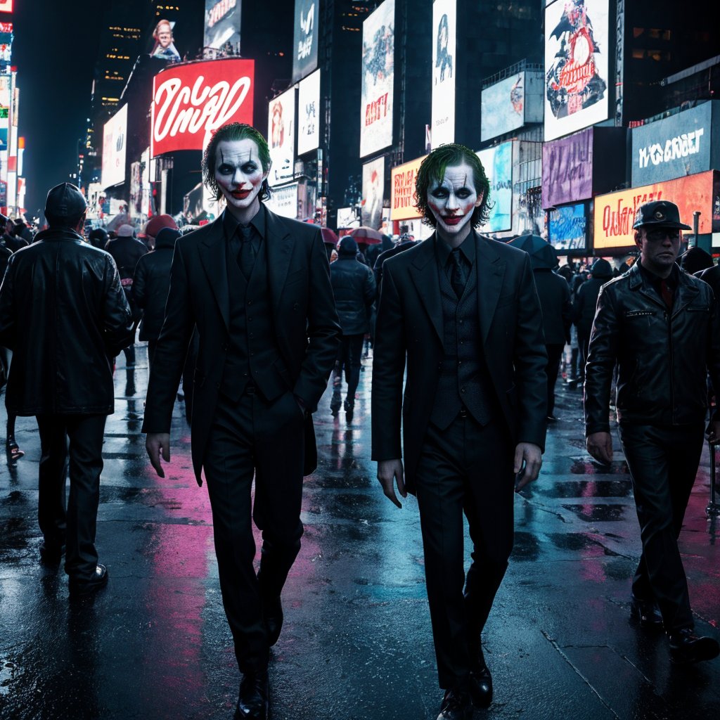 close up portrait The Joker from Batman in the middle of Times Square, staring right at the camera as unsuspecting pedestrians walk by, cyberpunk, insidious, scary, atmospheric, neon lights, rain, full-body, 14mm, noir