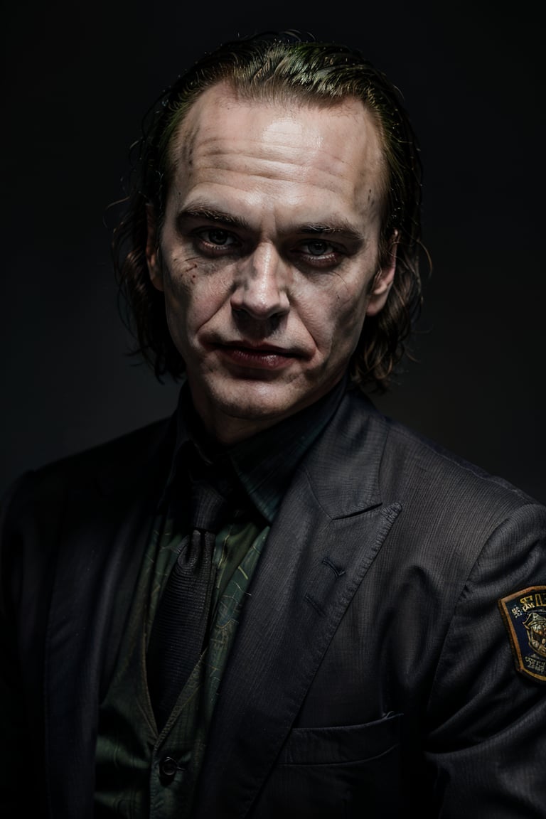 [The Joker] posing for a mugshot in front of a police,  [manic smile],  mugshot background by user_683074167419067145 on T...