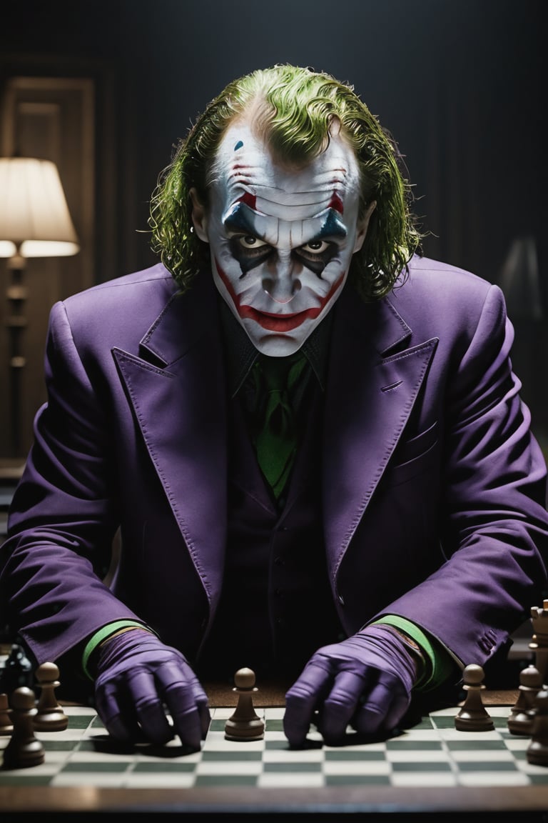 A cinematic masterpiece unfolds as the Joker's maniacal laughter echoes through a dark, dimly lit room. The camera captures a RAW photo shot with a Fuji X-T3 DSLR, showcasing a soft, film-like lighting and depth of field that puts the viewer in the scene. Batman, dressed in his iconic Batsuit, makes a calculated move on the chessboard as the Joker's eyes gleam with mischief. The detailed clothes and intricate textures of their surroundings come alive in 4K/8K resolution, with an UHD quality that rivals reality. The centered composition draws attention to the intense psychological battle between these two arch-nemesis, as the darkness of the setting reflects the turmoil brewing within.